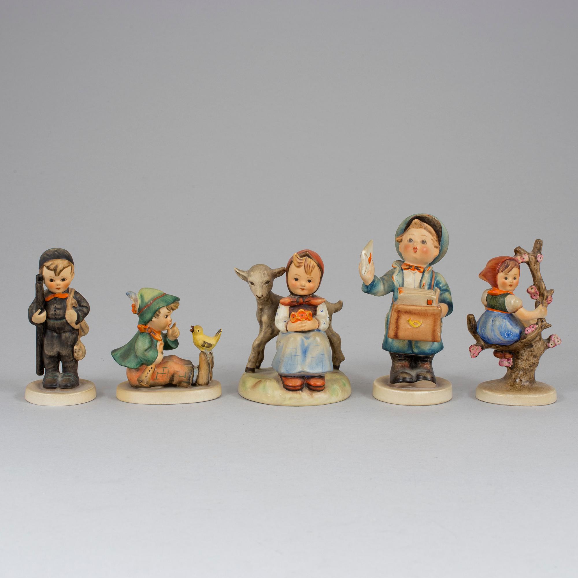 A lot of five M.I. Hummel porcelain figurines for Goebel, Germany, 1960-72.