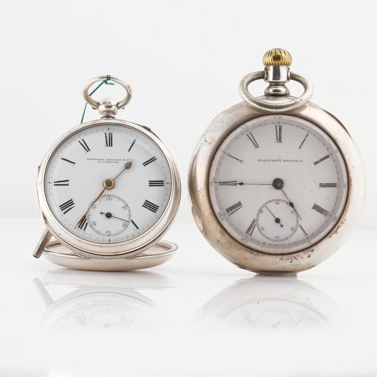 FICKUR, silver samt coin silver, Stewart Dawson & Co, Liverpool och Elgin Natl Watch Co, USA, 1800-talets andra hälft.