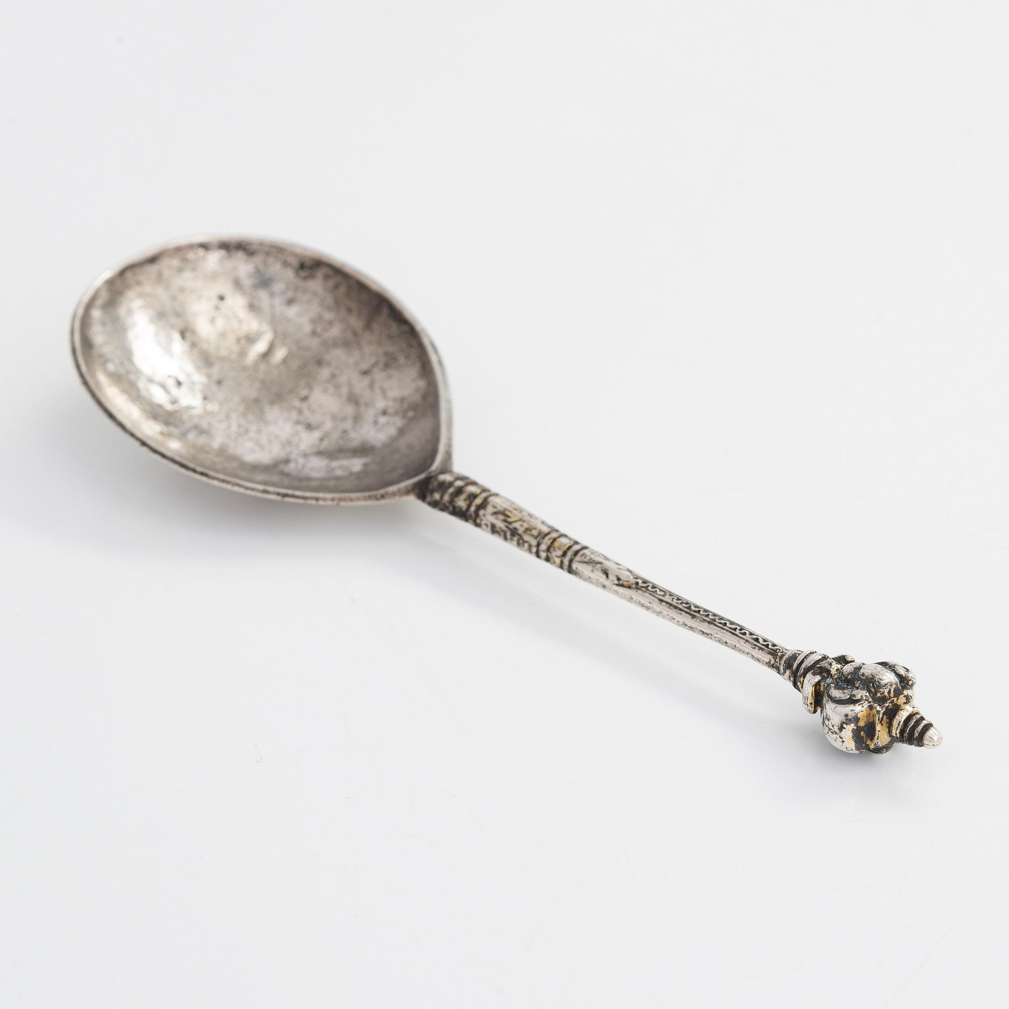 Brännvinssked, silver, barock, 1600-tal. Icke identifierad stämpel.