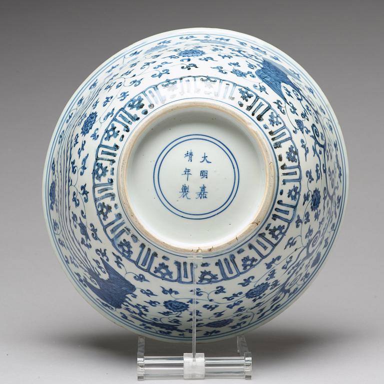 A large blue and white bowl, Ming dynasty with Jiajing mark and period (1522-1566).