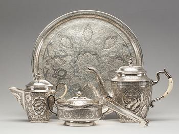 KAFFESERVIS, silver, 5 delar, utländska stämplar, Orienten.  1940-tal. Vikt ca 1580 g.