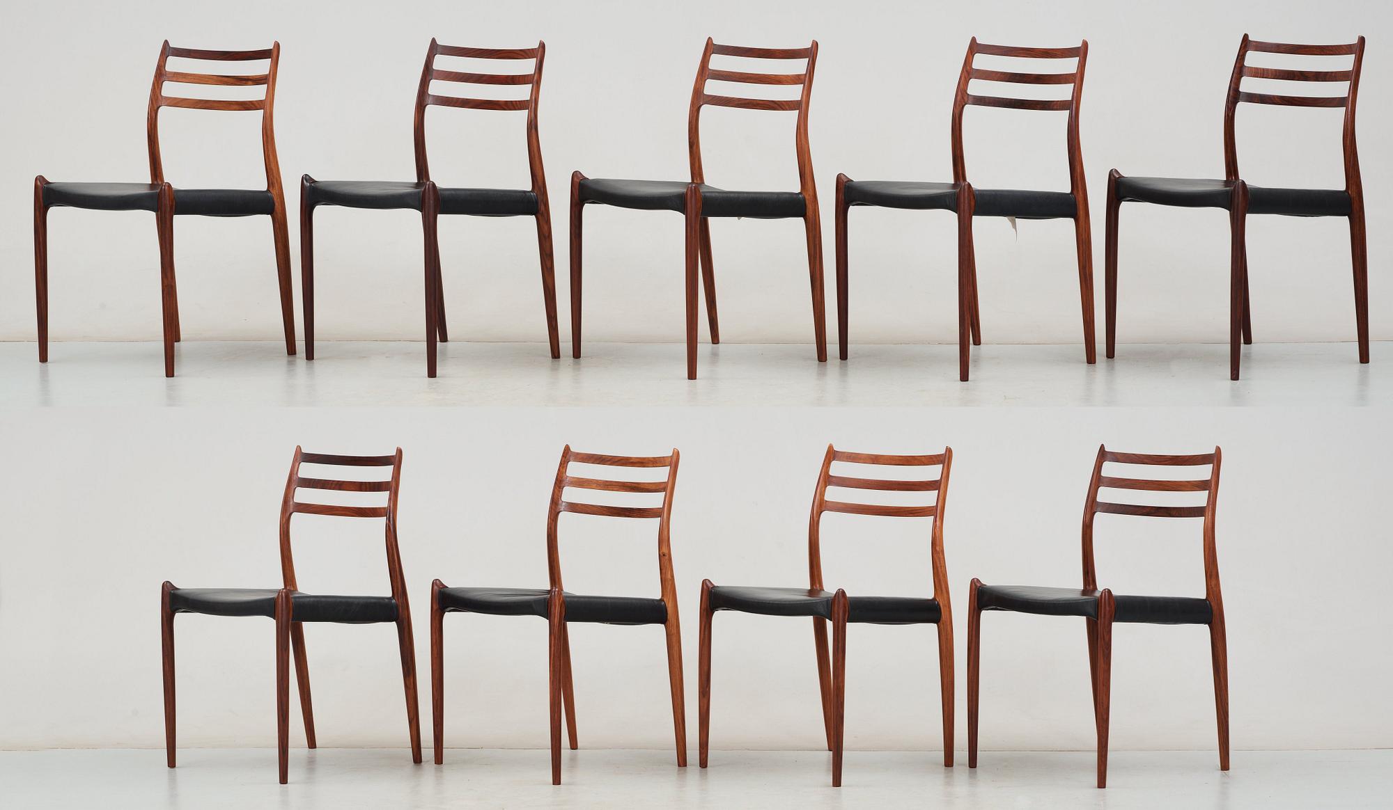 A Niels Ole Møller palisander dining table and nine chairs, J.L. Møller, Denmark 1950's-60's.