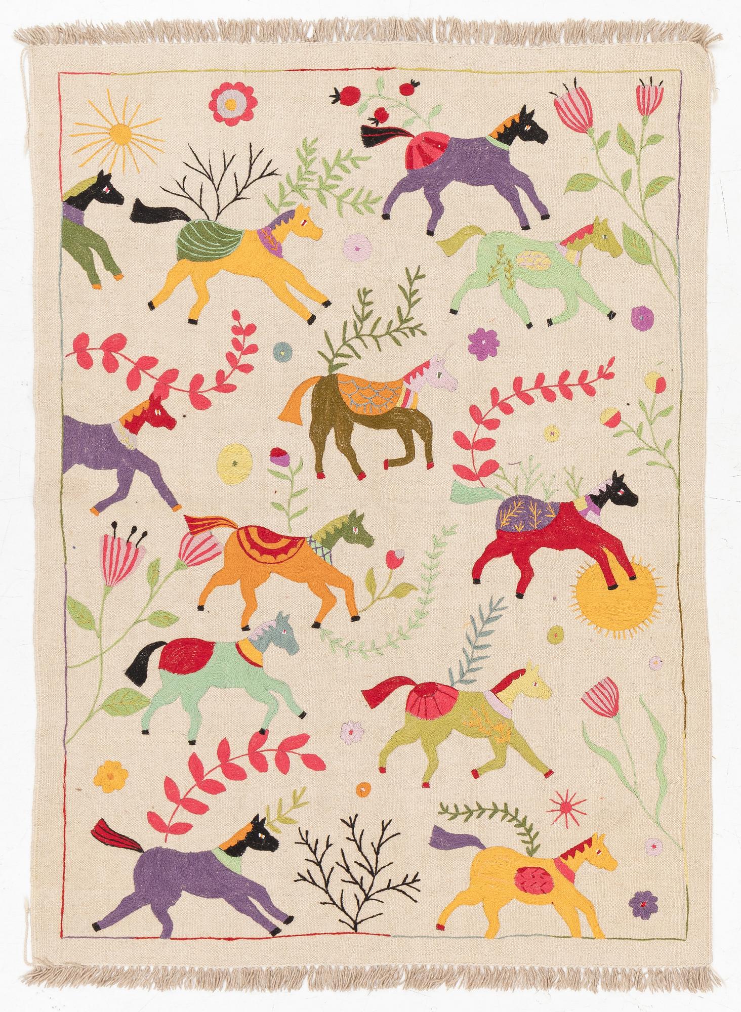 A hand-embroidered Kelim carpet, c. 208 x 150 cm.