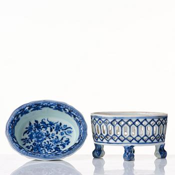 A blue and whtie reticulated salt with liner, Qing dynasty, 18th Century.