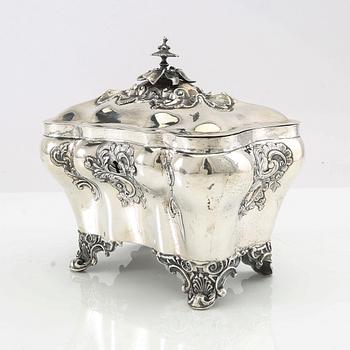 Christian Hammer sugar box with key, silver, Stockholm 1858, Neo-Rococo.