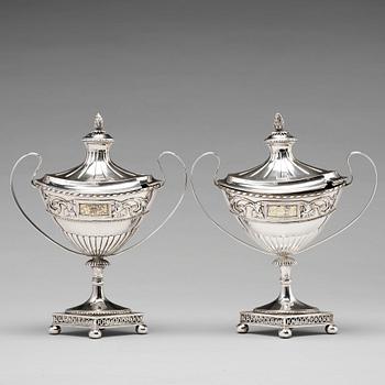 188. A pair of Swedish 18th century silver sugar-bowls and cover, mark of Pehr Zethelius, Stockholm 1799.