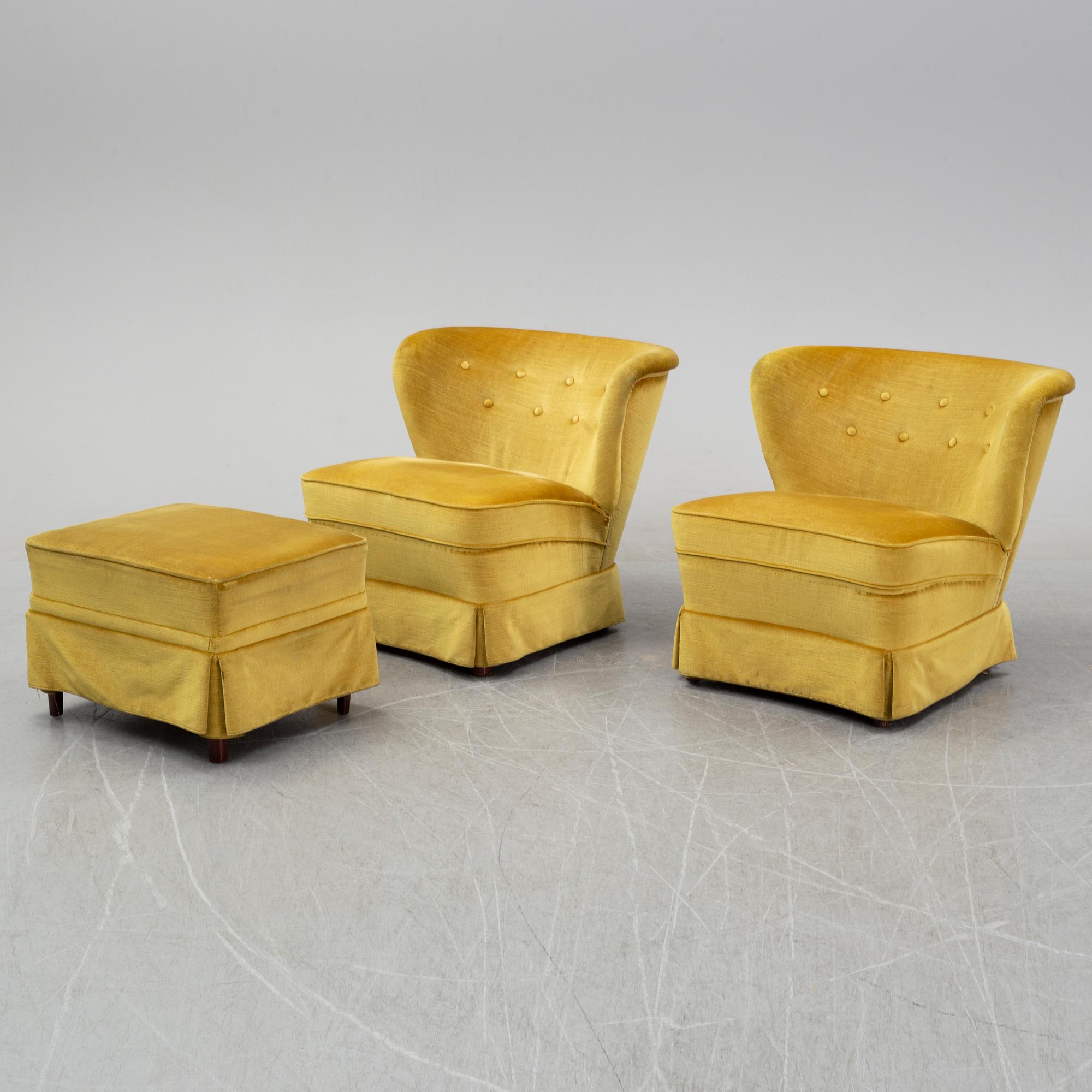 A pair Swedish Modern lounge chairs and a stool, 1940's/50's, the model has been marketed by Gösta Jonsson.