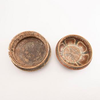 A pair of painted Norwegian wooden bowls one dated 1814.