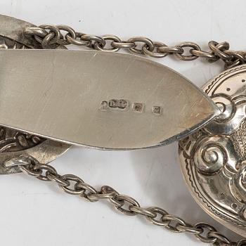 Six English silver boxes and a spectacle case for a chatelaine, silver, Birmingham and Sheffield.