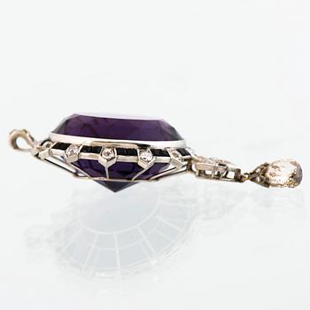 A PENDANT, facetted amethyst, old and briolette cut diamonds, square cut garnets, white gold.