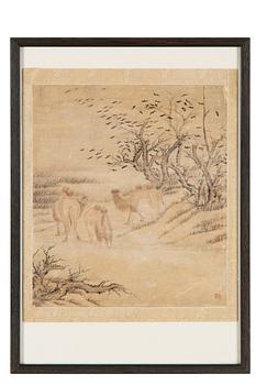 171. An album-leaf of a landscape with a shepherd and three camels, late Qing dynasty (1644-1912).