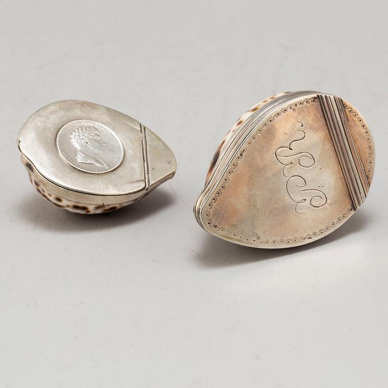 Two Swedish first half of the 19th century silver and shell snuff boxes.