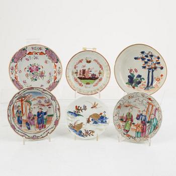 A group of six small Chinese porcelain dishes, Qing dynasty, 18th century.