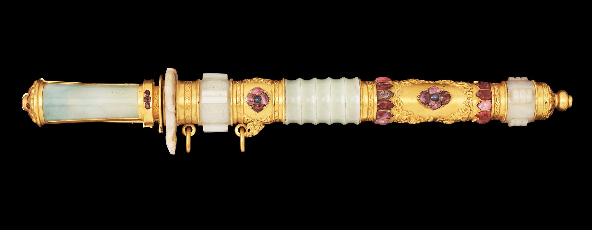 A gilt jade-mounted ceremonial double sword and scabbard with inlaid 'Gems', Qing dynasty.