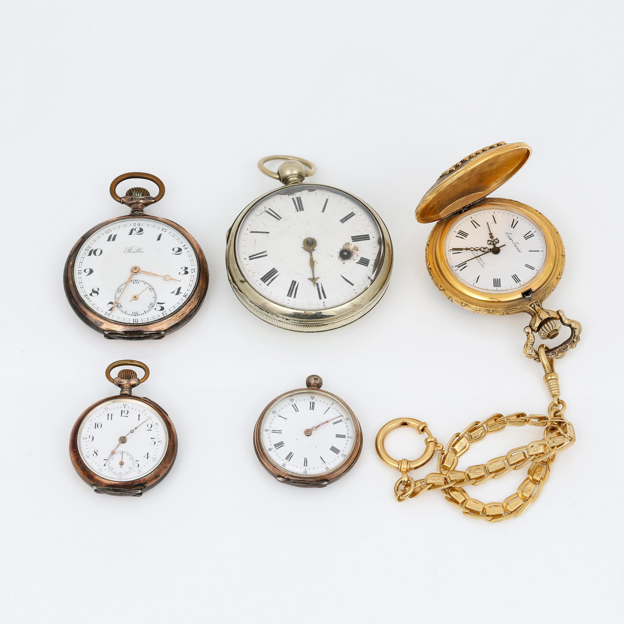 PARTI FICKUR, 5 st, silver samt förgylld metall, mestadels tidigt 1900-tal.