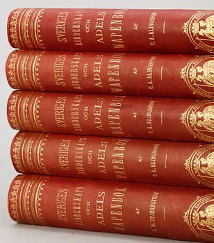 BOKVERK, 5 vol, "Sveriges Ridderskaps och Wapenbok" utg av AW Stjernstedt, Stockholm 1865-79.