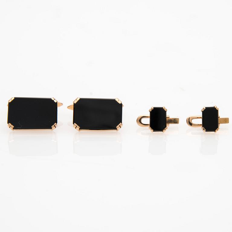 MANSCHETTKNAPPAR och FRACKKNAPPAR, onyx, 14K guld, Oskar Lindroos, Helsingfors 1937.
