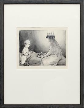 Elsa Beskow · ELSA BESKOW, tuschlavering och täckvitt, ej signerad.