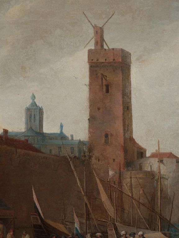 Abraham Willaerts Attributed to, Coastal Landscape with numerous Ships and Figures on the Shore.