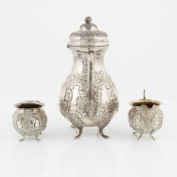 A three-piece Rococo style silver coffee set, possibly Norway, mid 20th century.
