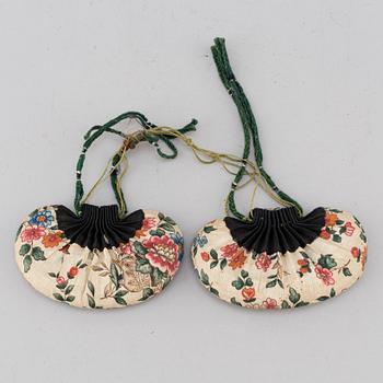 A pair of Japanese 'Geta' shows and two Chinese pouches, early 20th century.