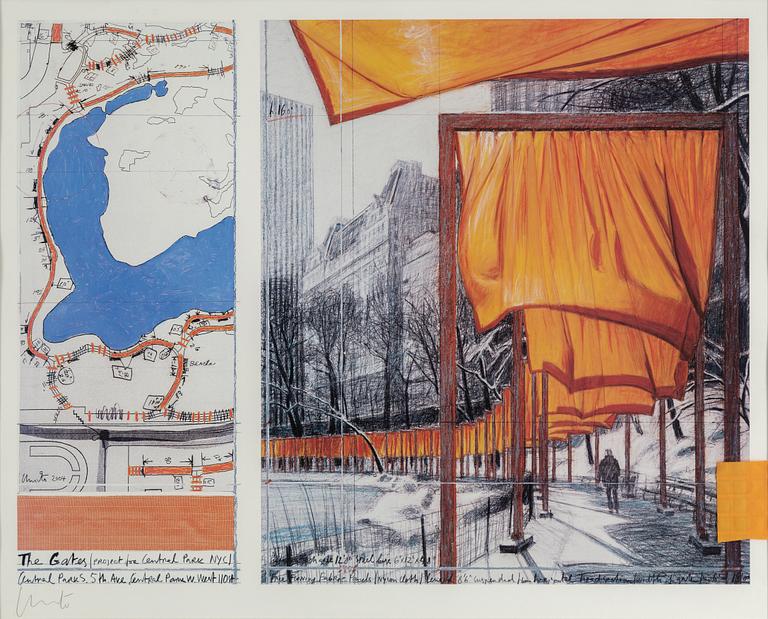 CHRISTO & JEANNE-CLAUDE, offset-tryck  med tygapplikation, signerat Christo.