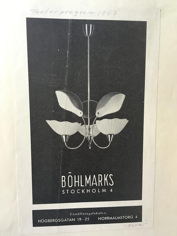 Harald Notini, taklampa, Arvid Böhlmarks Lampvarufabrik, Stockholm 1940-tal.