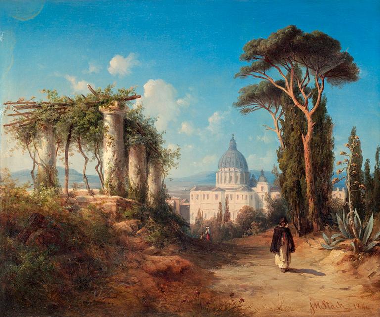 Joseph Magnus Stäck, Walking figures in the outskirts of Rome with the St. Peter's Basilica in the background.