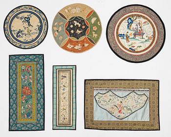 A group of six Chinese silk panels, around 1900.