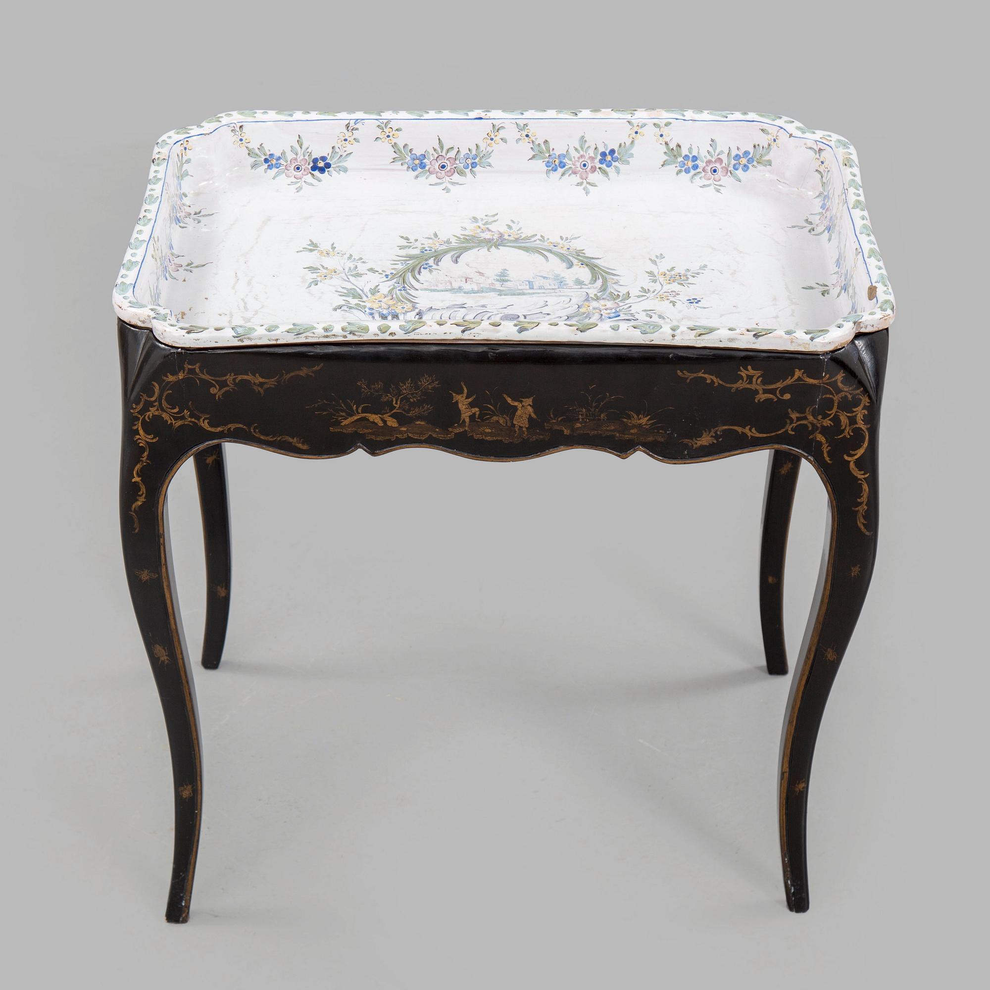 A Swedish Rococo faience tea table, Marieberg 1770.