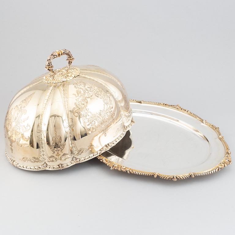 A silver plated cover by Martin, Hall & Co, Sheffield, and dish.