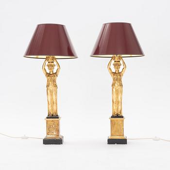 A pair of metal Empire style table lights, late 20th Century.