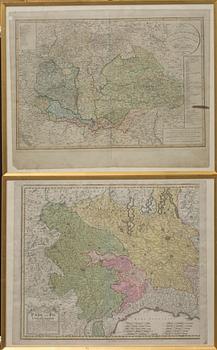 KARTOR, 2 st, kolorerade, "Longobardiem" 1735 resp. "Ungarn Siebenbürgen" .