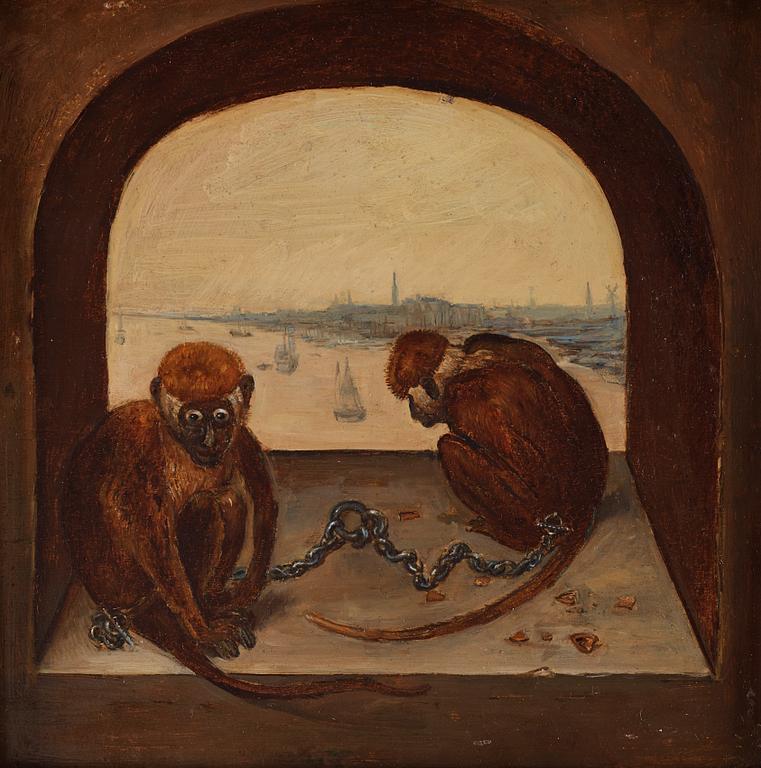 Pieter Brueghel dä Follower of, Monkeys in a window niche.