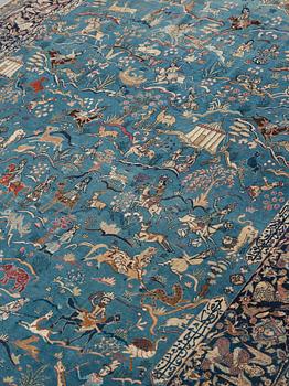 A CARPET, an antique/semi-antique Tabriz part silk figural, ca 345-346 x 217,5-232 cm.