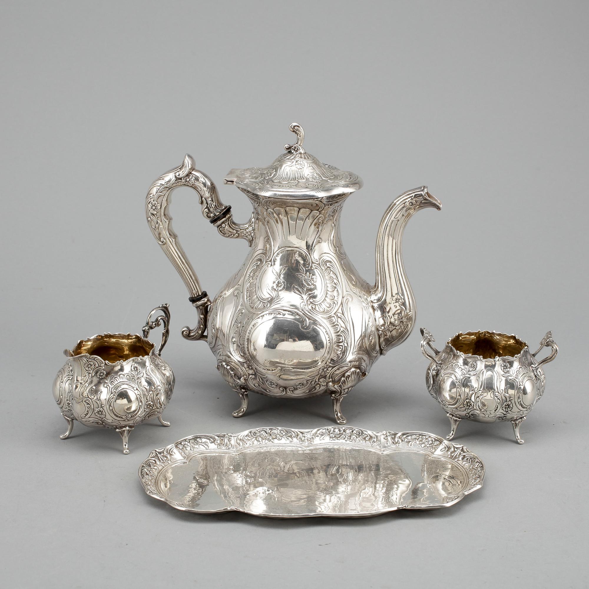KAFFESERVIS, 4 delar, silver, rokokostil, Gewe Silvervarufabriken, Malmö 1960. Total vikt ca 1335 gram.