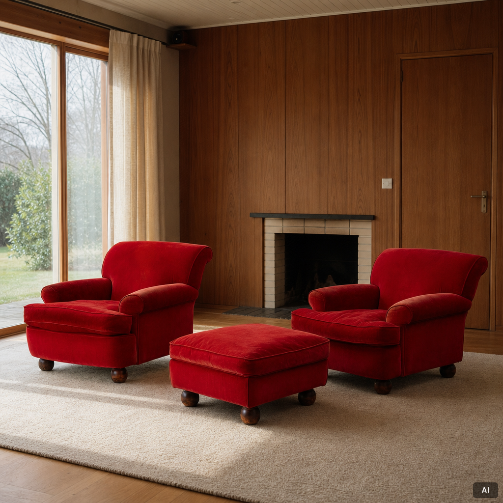 A pair of Howard-style armchairs and a footstool, late 20th century.