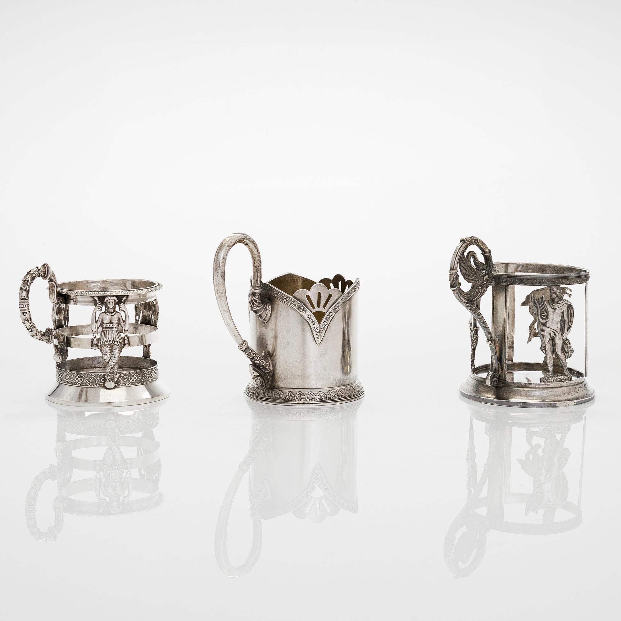 Teglashållare, 3 st, silver, 2XA-artellen S:t Petersburg, och Odessa samt Moskva, 1800-talets slut - 1900-t. början.
