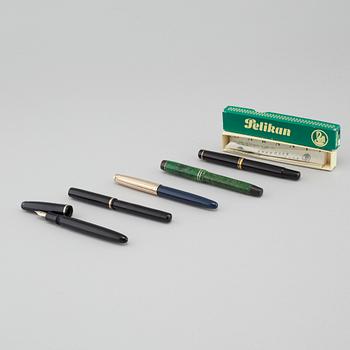 Five fountain pens by Ariso, Eversharp, Parker, Pelikan and Penol.