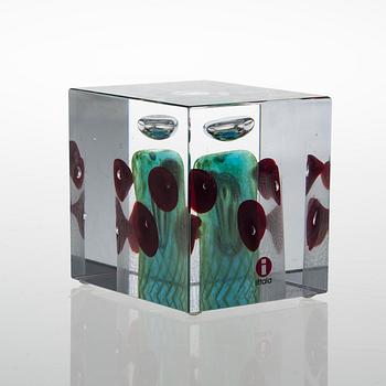 OIVA TOIKKA, A GLASS CUBE, signed Oiva Toikka Nuutajärvi.