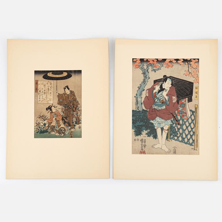 Utagawa Kunisada, three woodblock prints and Utagawa Kuniyoshi, woodblock print.