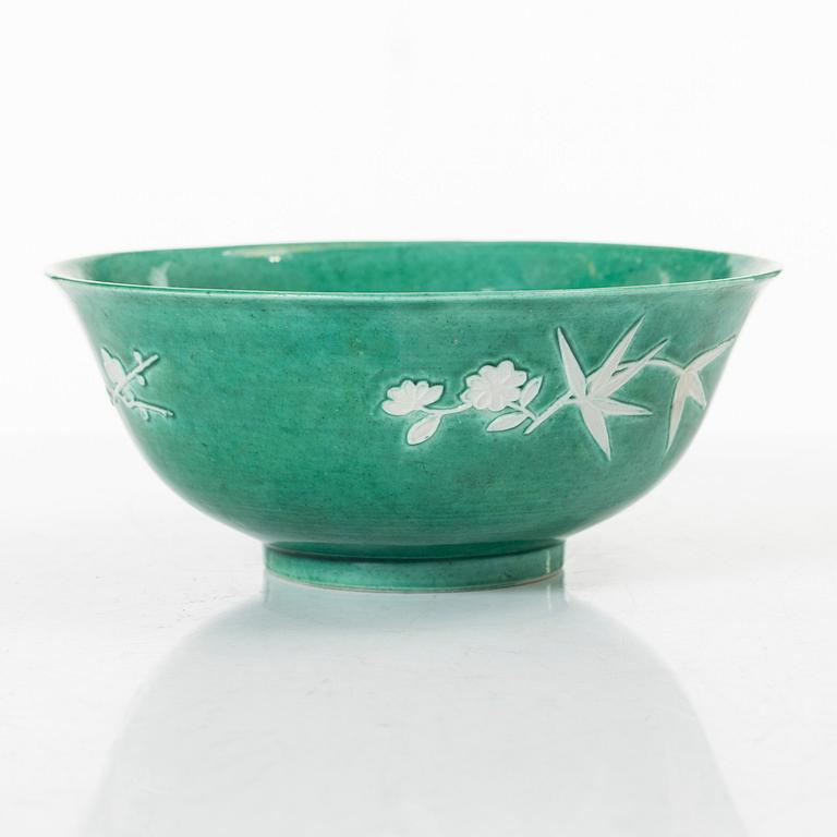 A Chinese green glazed 'three friends of winter' bowl, Republic, 20th century.