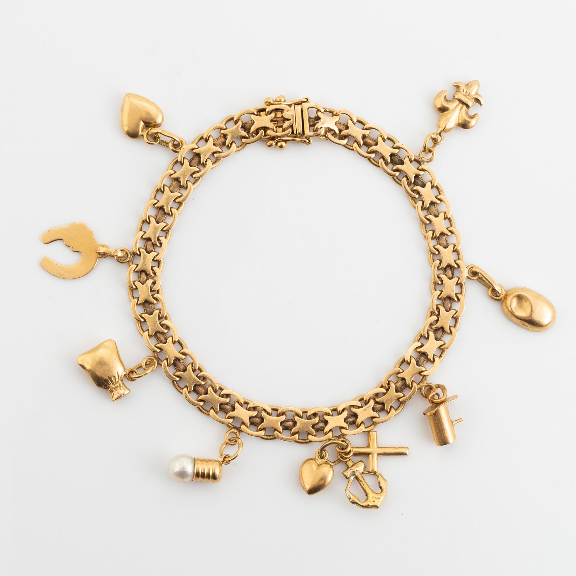 Armband, x-länk, 18K guld, med berlocker.