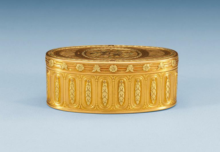 DOSA, guld 20k, en deux couleurs, oläslig mästarstämpel, Paris, kontrollör Julien Alaterre 1768-1774.