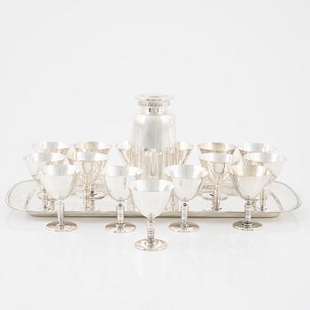 Shaker, tray and cocktail glass, silver plated.