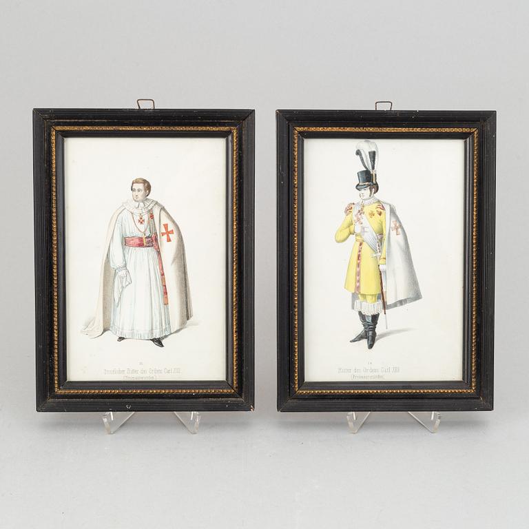 A set of twelwe hand-coloured litographs of Swedish chivalric orders by Adolf Ulrik Schützercrantz.