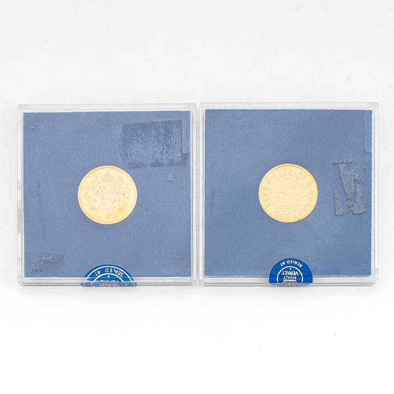 Two gold coins, 5,8 g + 5,8 g gold 900/1000.