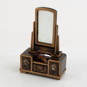 Doll, doll furniture, and table screen, Japan, wood, lacquer and paper, partly Showa, 20th century.