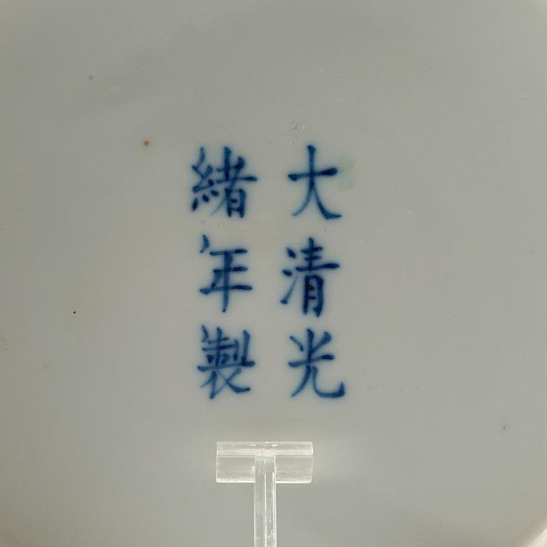 A blue and white lotus dish, Qing dynasty, with Guangxu six character mark and period (1875-1908).