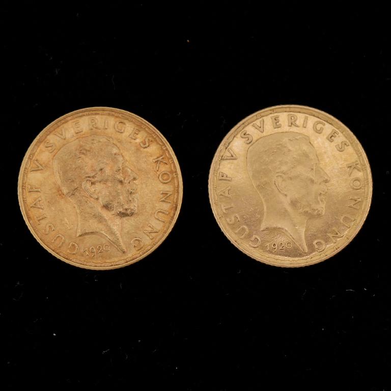 GULDMYNT, 2 st, 5 Kronor, Gustav V, Sverige 1920. Vikt ca gram.